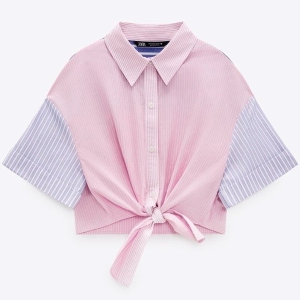 Zara Contrasting Stripe Poplin Crop Shirt